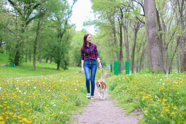 Lady walking her dog on a path